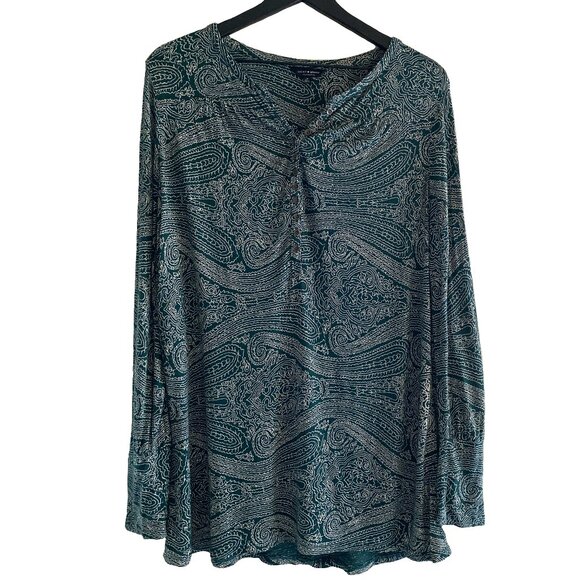 LUCKY BRAND Paisley Green White Long Sleeves Brown Button Neck/Wrist Blouse 1X - Picture 1 of 9